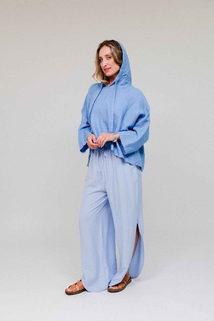 Linen 3/4 Sleeve Crop Hoodie One Size By Saga - Moxiebainbridge