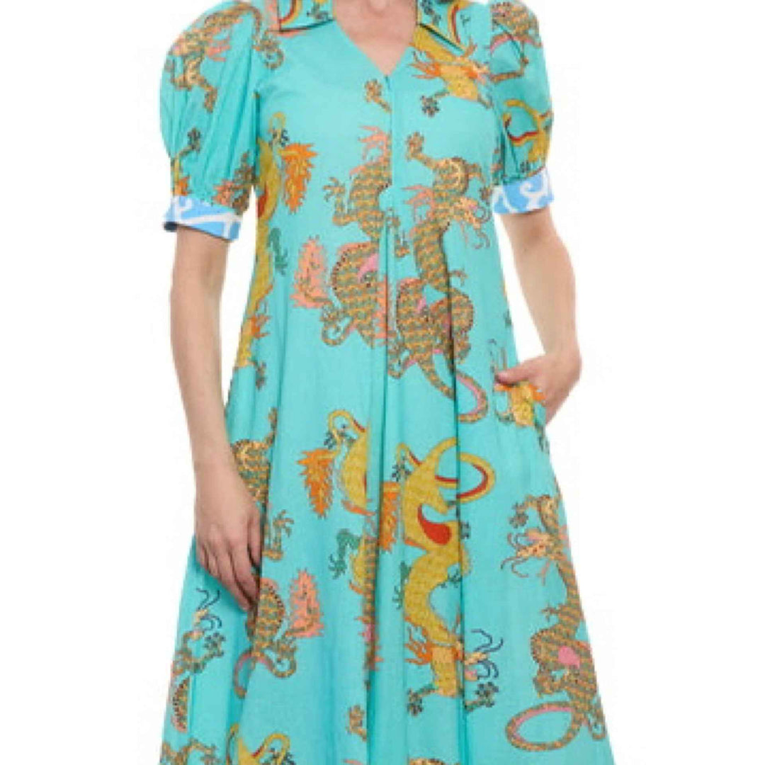 Montauk Dress Linen Cotton Turquoise Dragon Print By Dizzy Lizzie - Moxiebainbridge