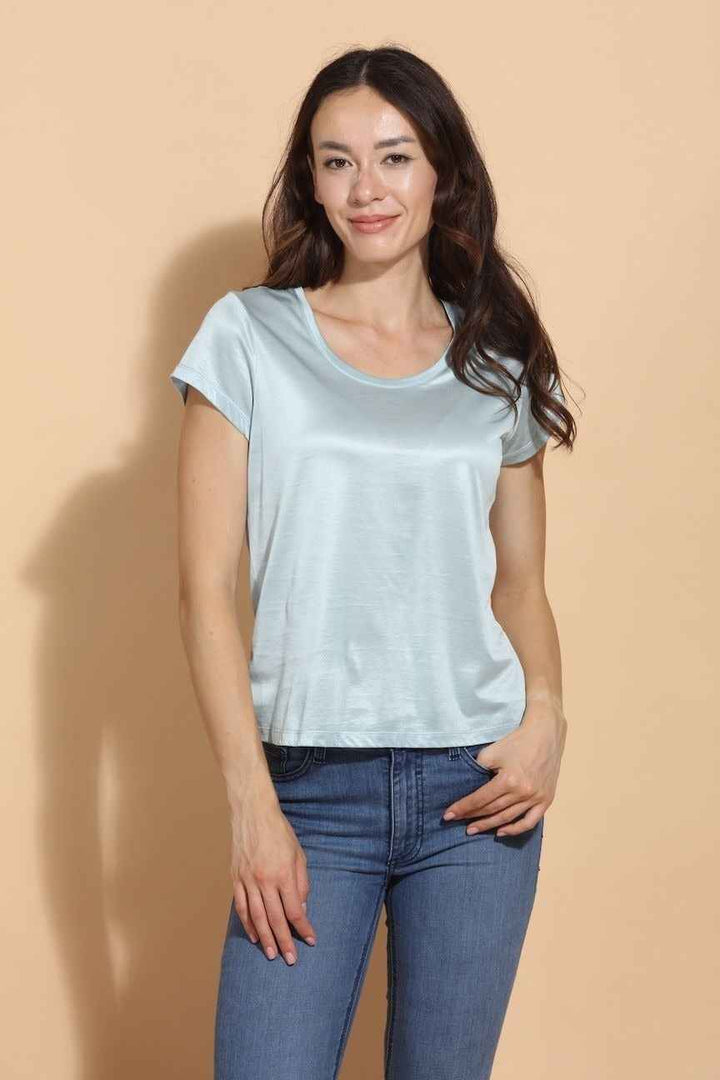 Modal Cotton Blend U Neck Light Blue T-Shirt By Jessie Liu - Moxiebainbridge