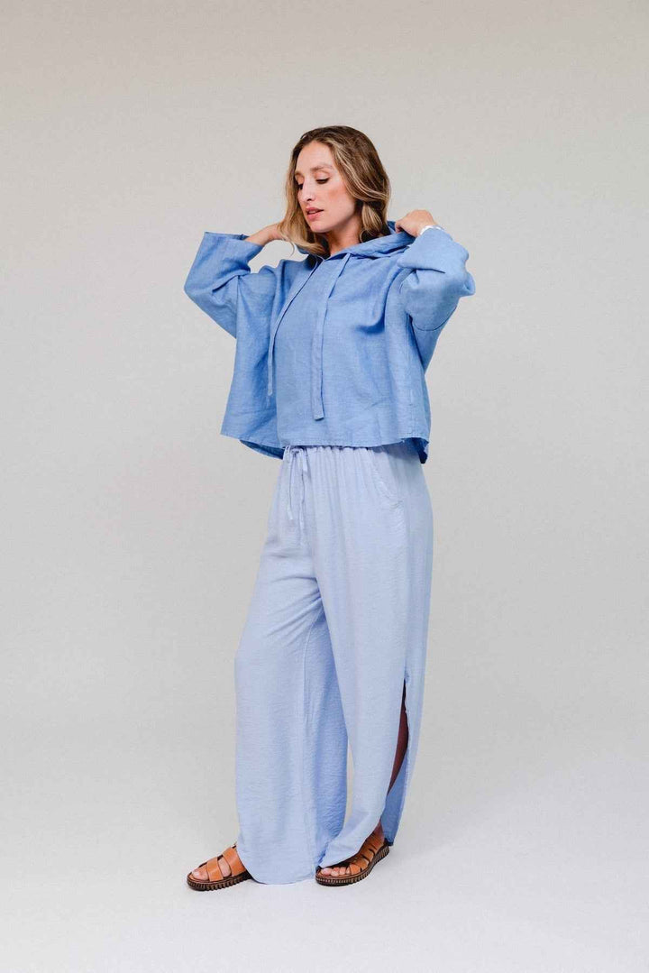 Linen 3/4 Sleeve Crop Hoodie One Size By Saga - Moxiebainbridge