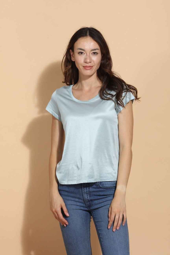 Modal Cotton Blend U Neck Light Blue T-Shirt By Jessie Liu - Moxiebainbridge