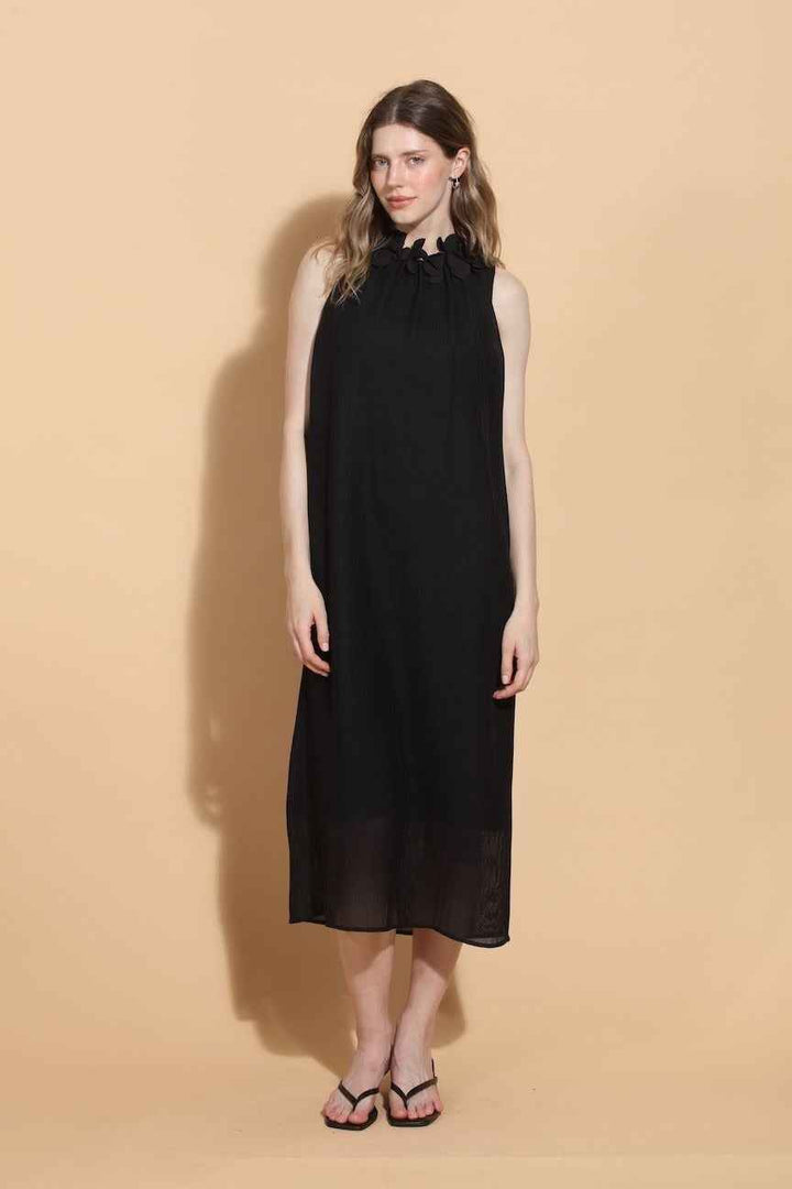 Sleeveless Dress With Petal Detail Around The Neck Black By Jessie Liu - Moxiebainbridge