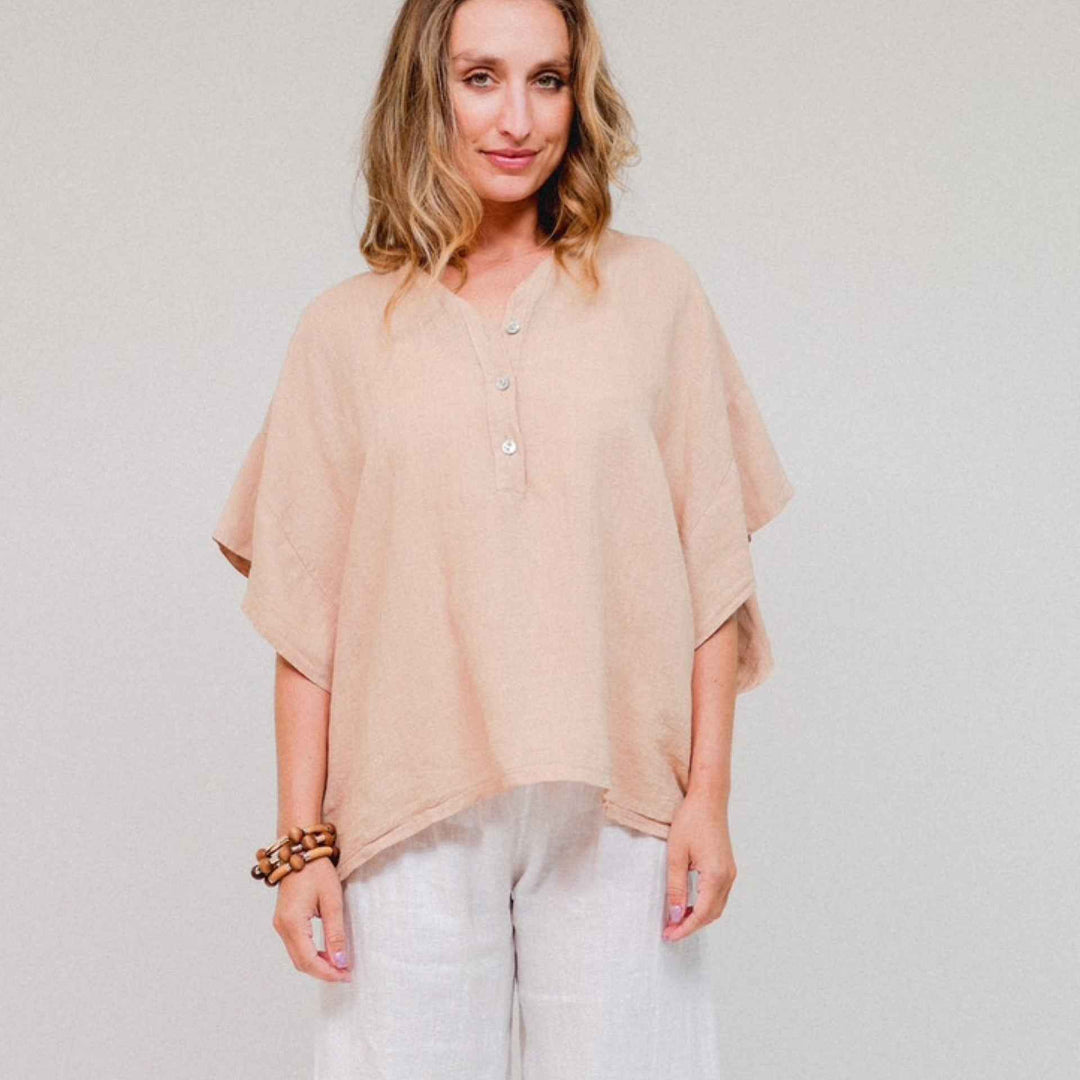 Linen Wide Sleeve 3 Button Collar Top By Saga - Moxiebainbridge