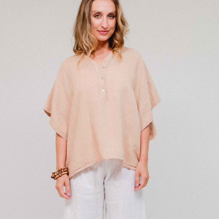 Linen Wide Sleeve 3 Button Collar Top By Saga - Moxiebainbridge