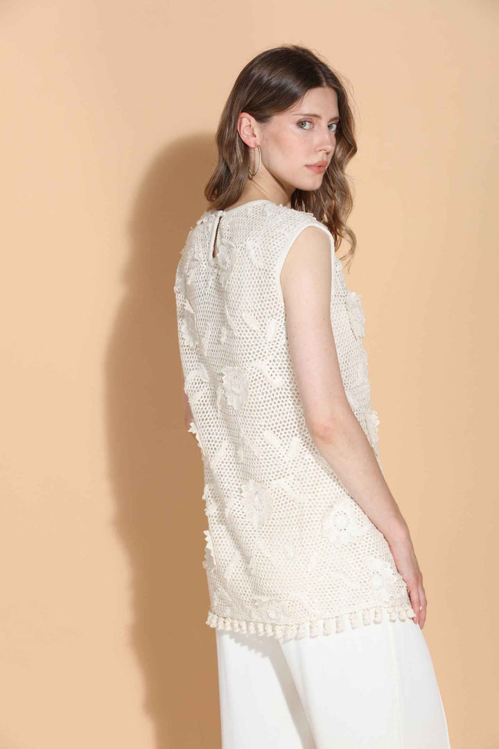 Sleeveless Lace Tunic With Appliqué and Fringe Details By Jessie Liu - Moxiebainbridge