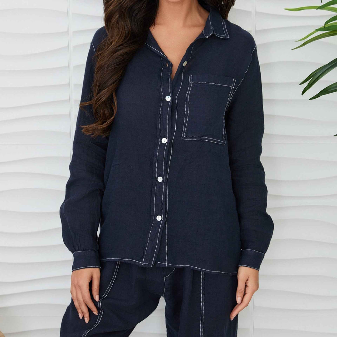 Linen Long Sleeve Navy Button Down With Edge Stitch By Milio Milano - Moxiebainbridge