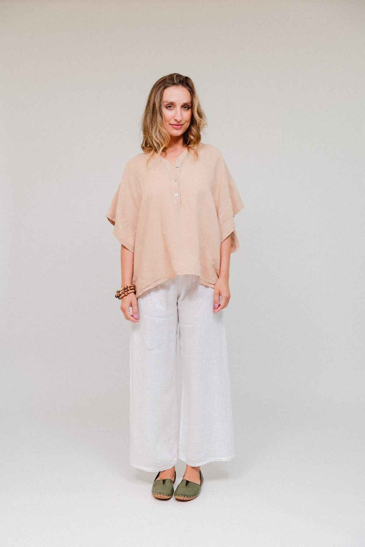 Linen Wide Sleeve 3 Button Collar Top By Saga - Moxiebainbridge