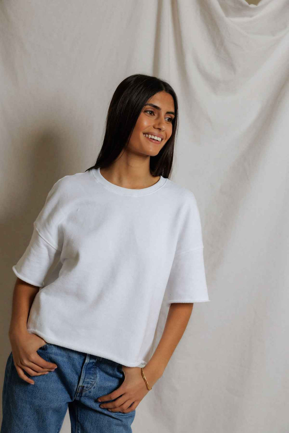 The Ezra Short Sleeve Loose Sweatshirt White By PerfectWhiteTee - Moxiebainbridge