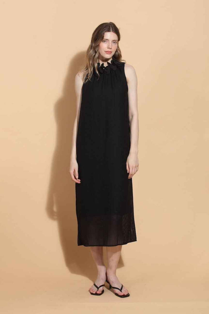 Sleeveless Dress With Petal Detail Around The Neck Black By Jessie Liu - Moxiebainbridge