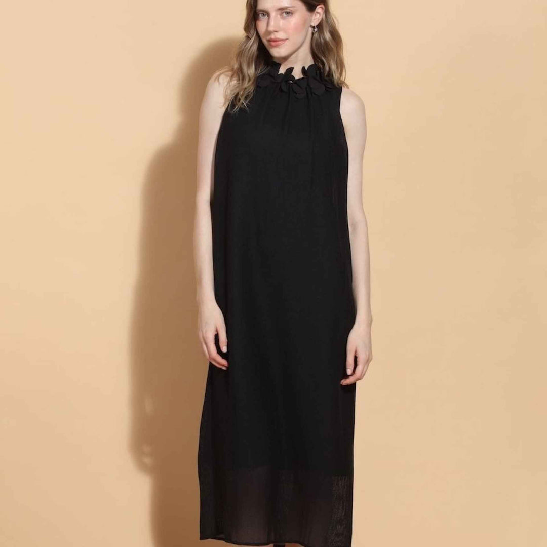 Sleeveless Dress With Petal Detail Around The Neck Black By Jessie Liu - Moxiebainbridge