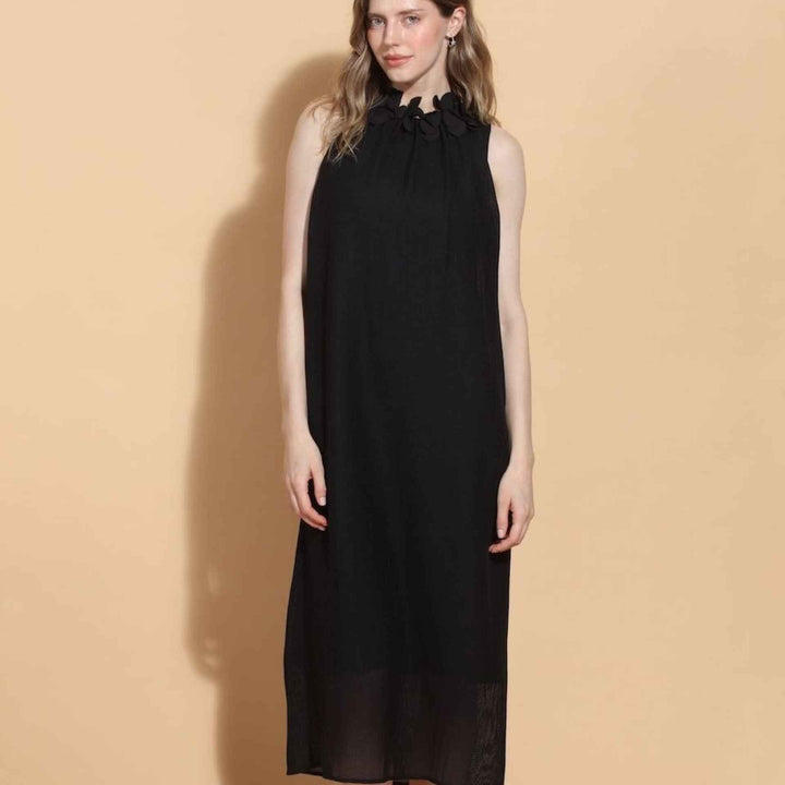 Sleeveless Dress With Petal Detail Around The Neck Black By Jessie Liu - Moxiebainbridge