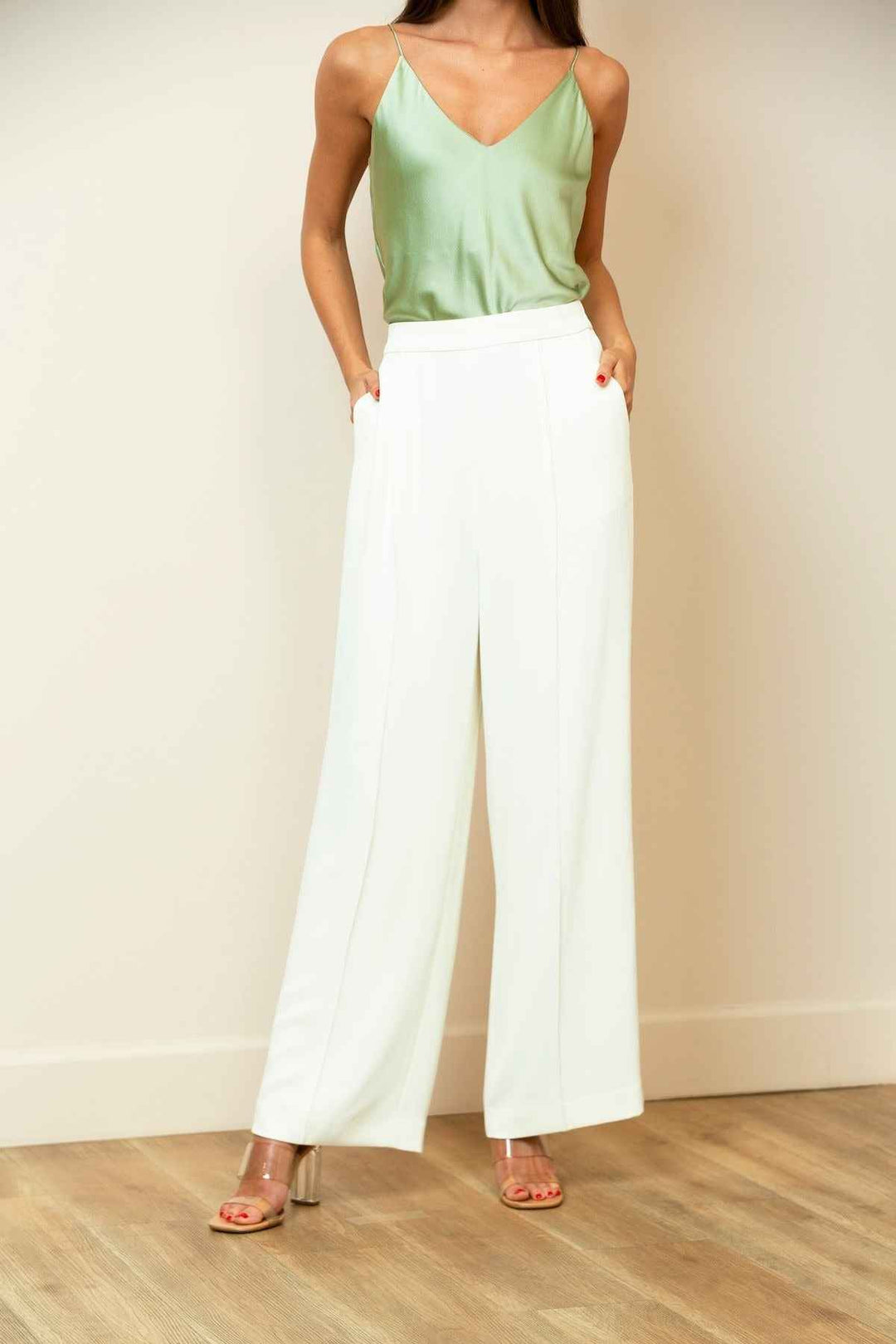Pin-tuck Wide -Leg Beige Pants By Jessie Liu - Moxiebainbridge
