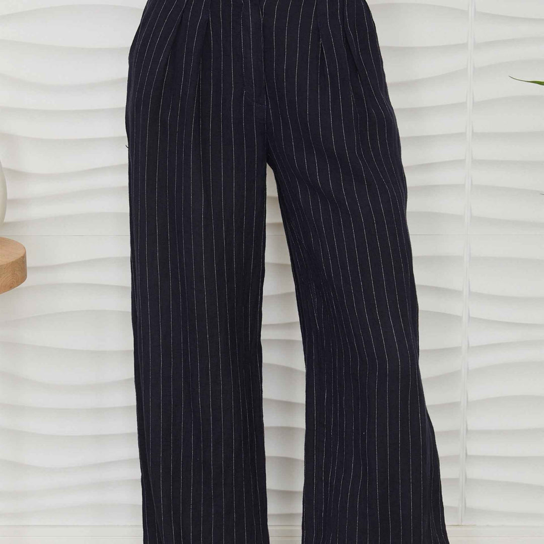 Linen Pinstripe Wide-leg Navy Trouser By Milio Milano - Moxiebainbridge