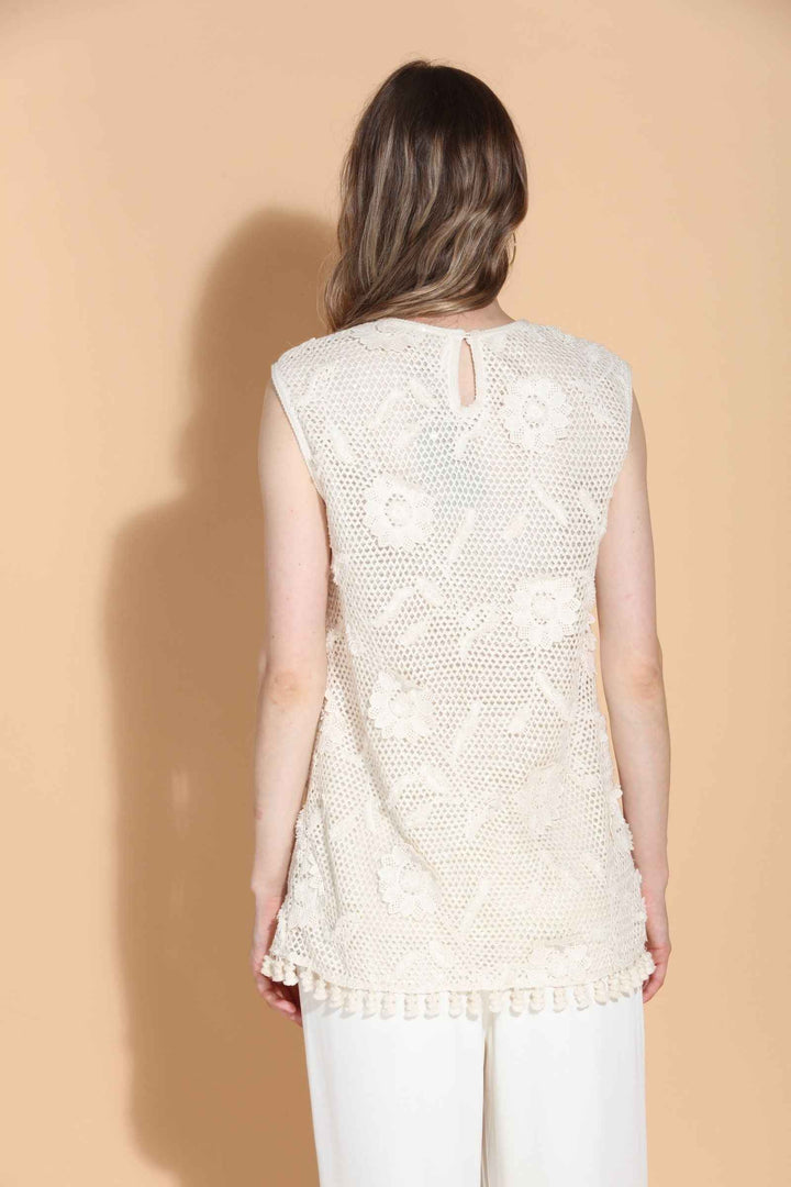Sleeveless Lace Tunic With Appliqué and Fringe Details By Jessie Liu - Moxiebainbridge