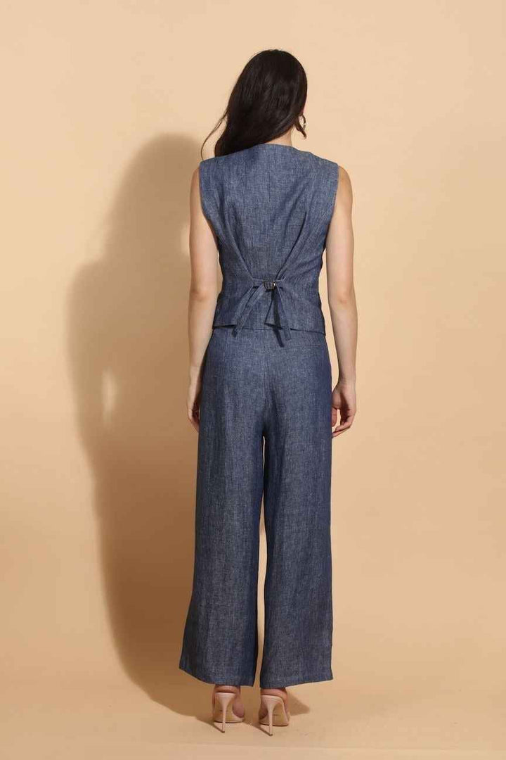100% Linen Twill Vest With Adjustable Waist By Jessie Liu - Moxiebainbridge
