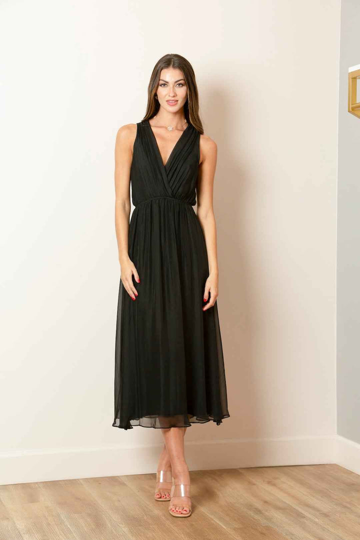 Mulberry Silk V-Neck Draped Dress By Jessie Liu - Moxiebainbridge