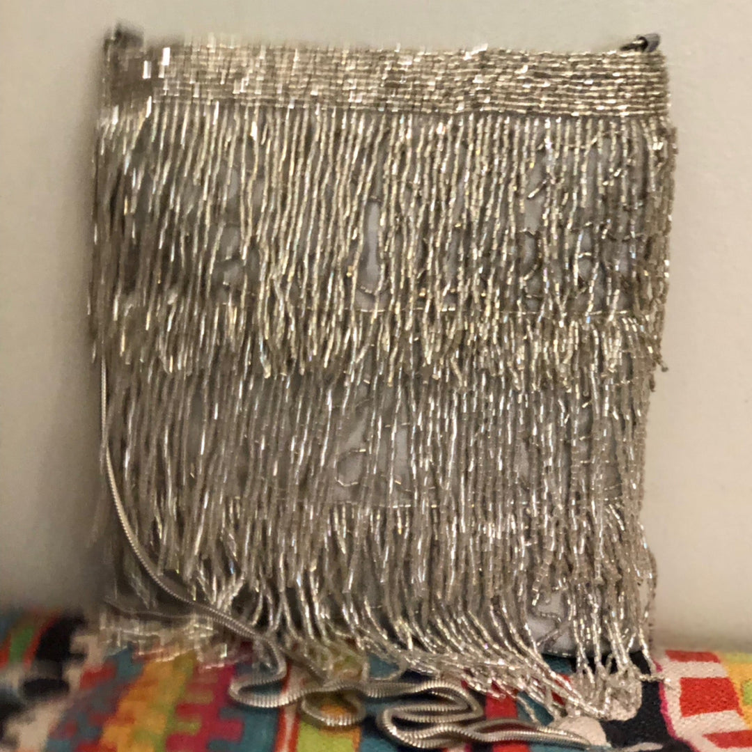 All Glass Beaded Silver Fringe Bag Cross Body By Ricki Designs - Moxiebainbridge