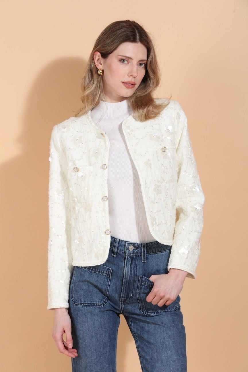Sequin And Beaded Embellished JacketWith Jewel Buttons By Jessie Liu - Moxiebainbridge