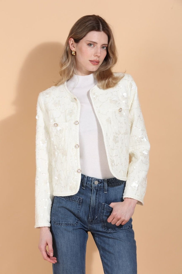Sequin And Beaded Embellished JacketWith Jewel Buttons By Jessie Liu - Moxiebainbridge