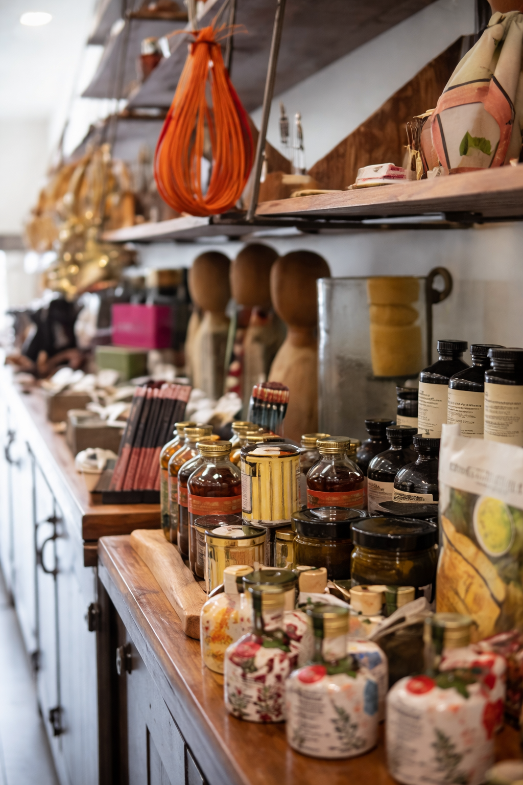 Bottles and jars on a wooden shelf in a kitchen setting
