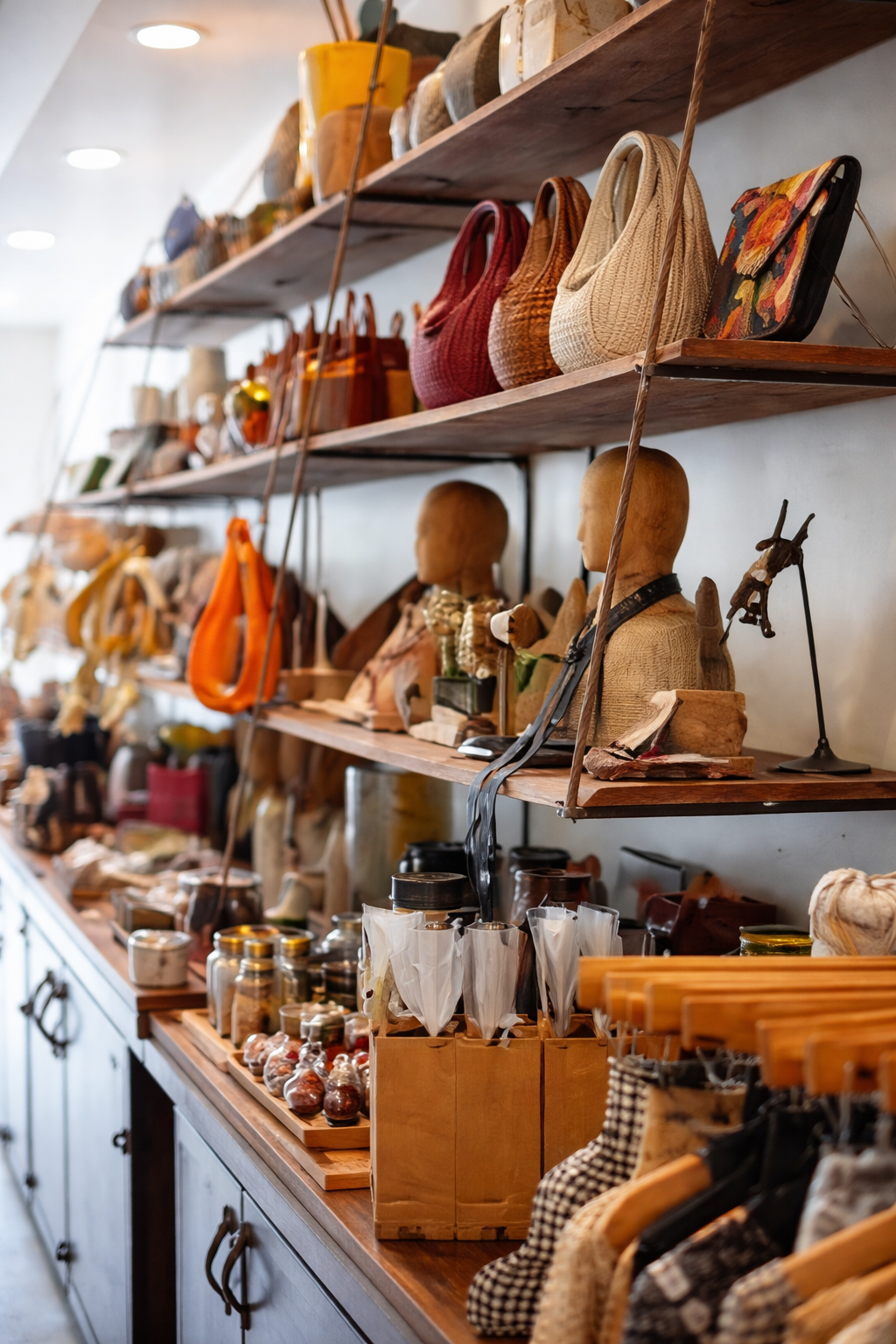 Shelves with various handbags, clothing, and decorative items in a store setting.