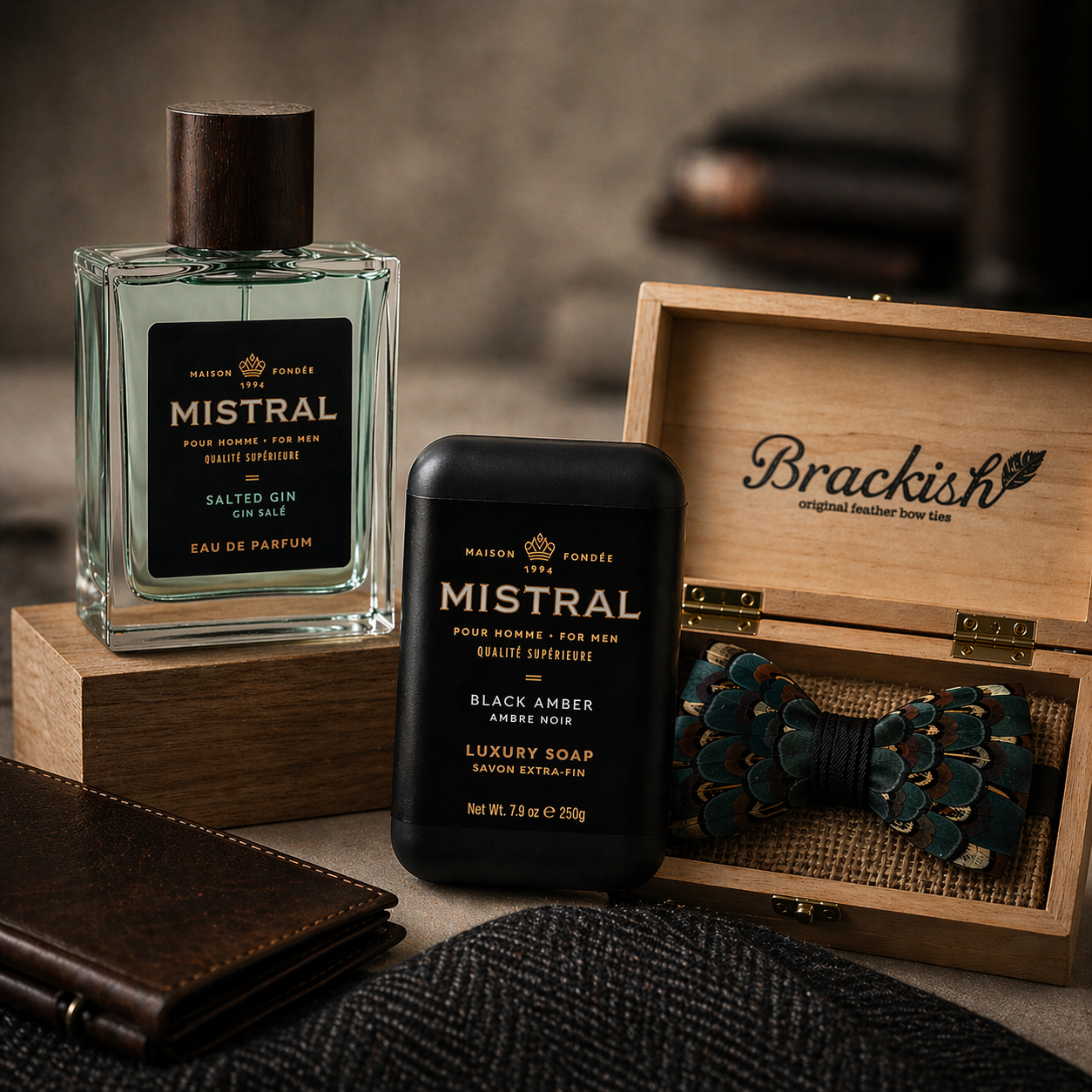 Mistral perfume and soap with Brackish bow tie box on a wooden surface
