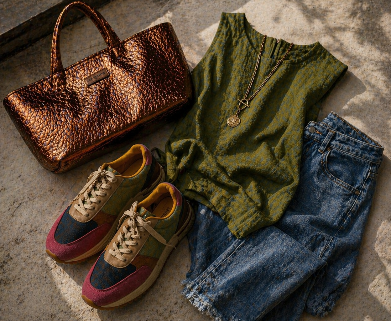 Green top, blue jeans, brown shoes, and a textured brown handbag on a concrete surface.