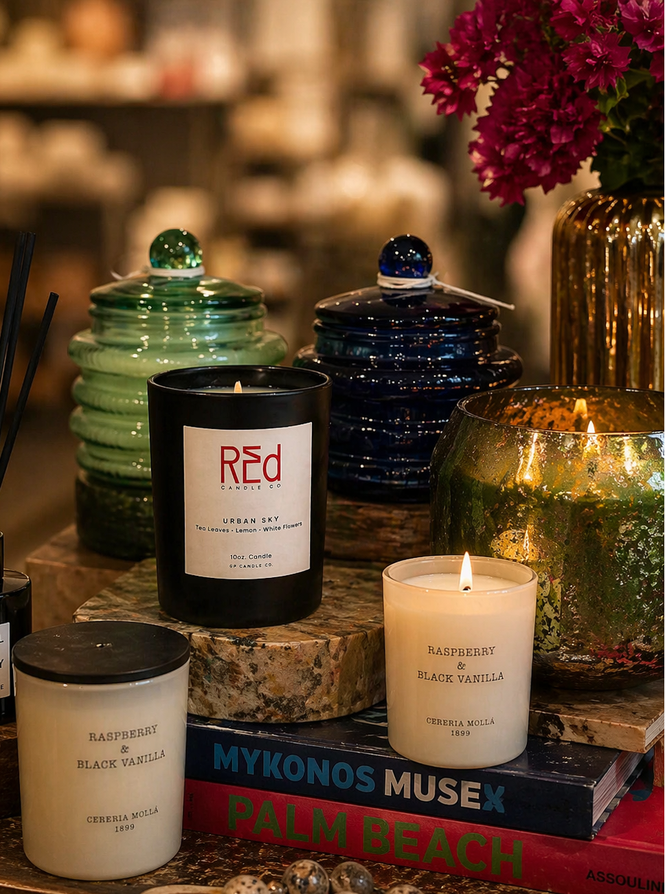 Candles and decorative items on a table with a blurred background