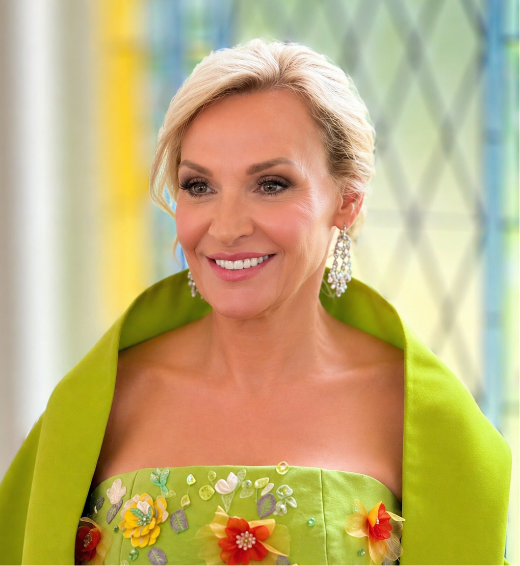 Woman wearing a green floral dress with a matching green coat against a blurred outdoor background