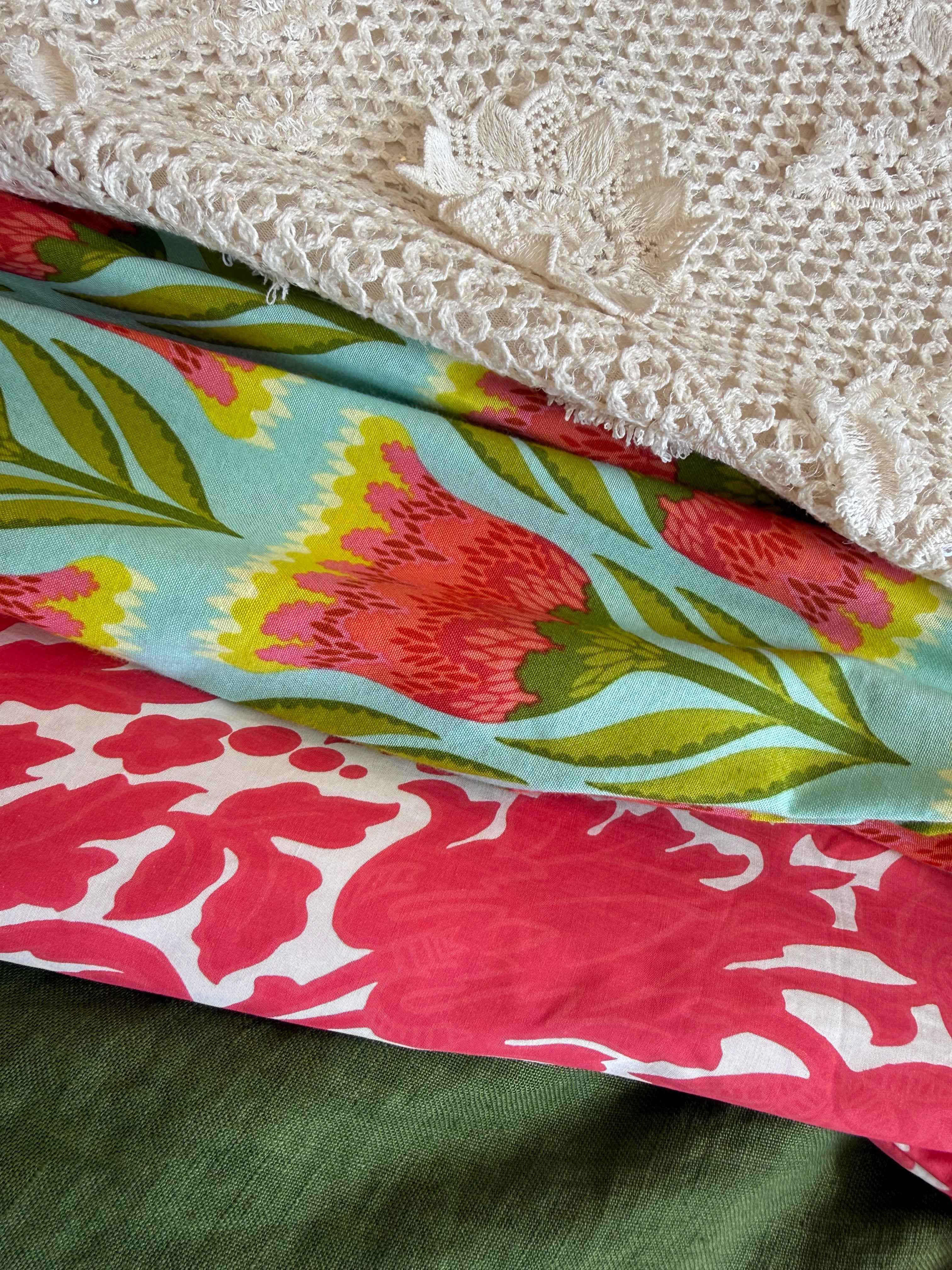 Close-up of colorful floral fabric with a textured background