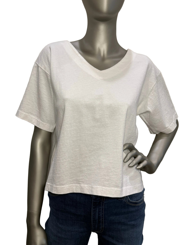 V Neck Cotton Short Sleeve White Crop Tee By Bryn Walker - Moxiebainbridge