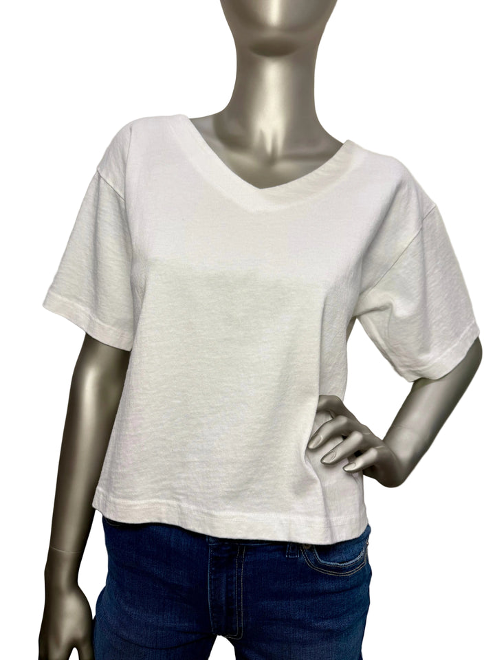 V Neck Cotton Short Sleeve White Crop Tee By Bryn Walker - Moxiebainbridge
