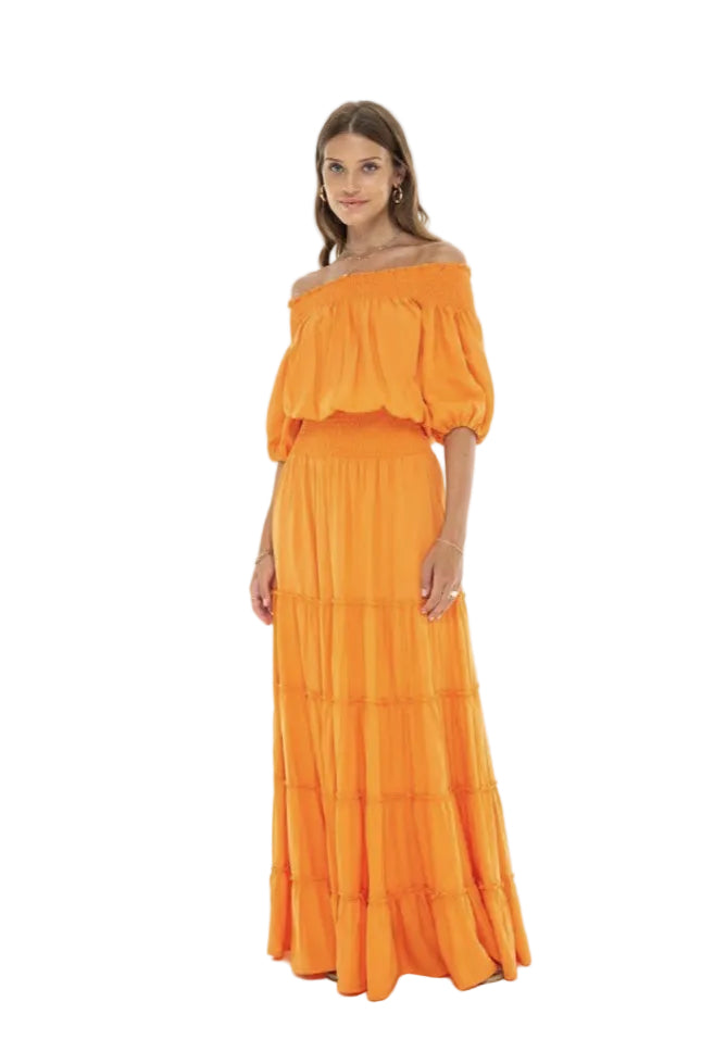 Solid Off The Shoulder Orange Maxi Dress By ROMI - Moxiebainbridge