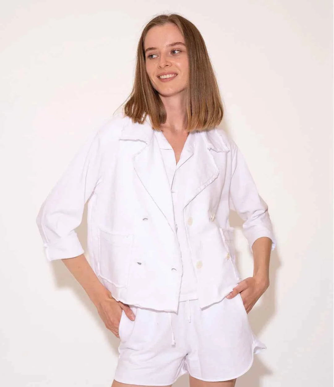 White Terry Double Breasted Pocket Front Jacket By Stark X - Moxiebainbridge