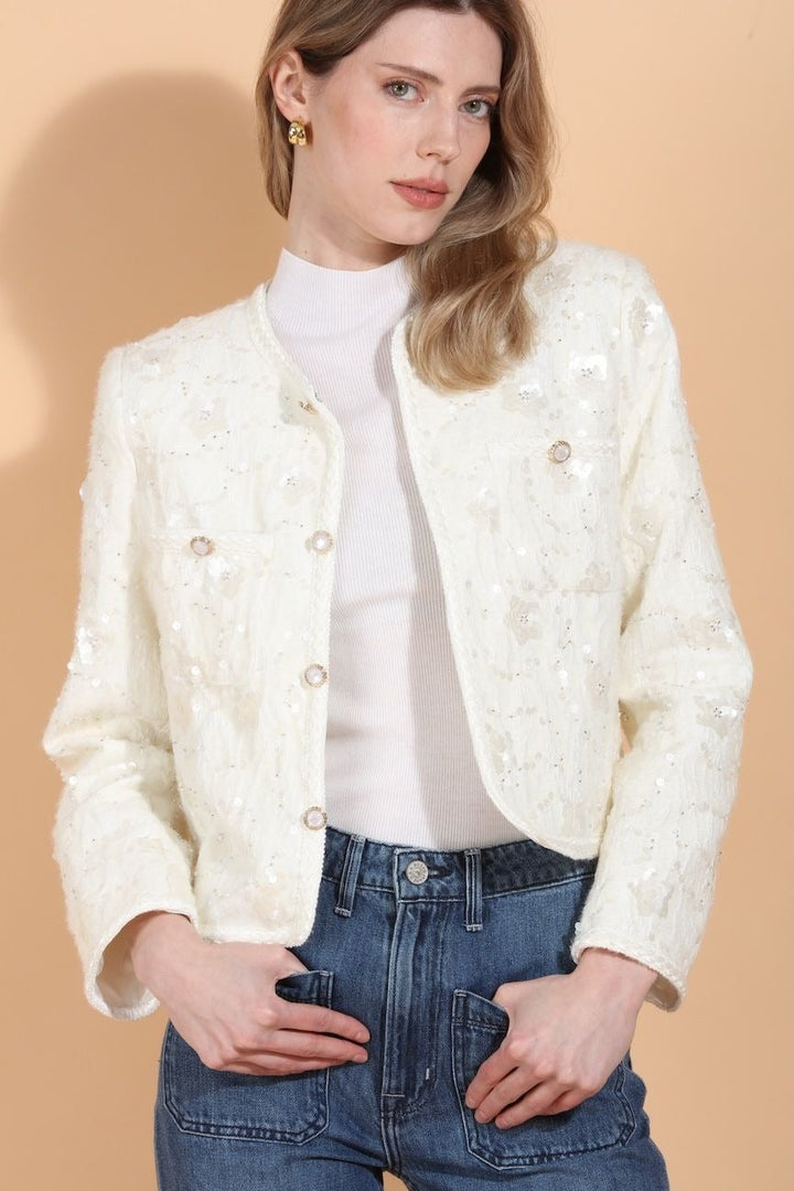 Sequin And Beaded Embellished JacketWith Jewel Buttons By Jessie Liu - Moxiebainbridge