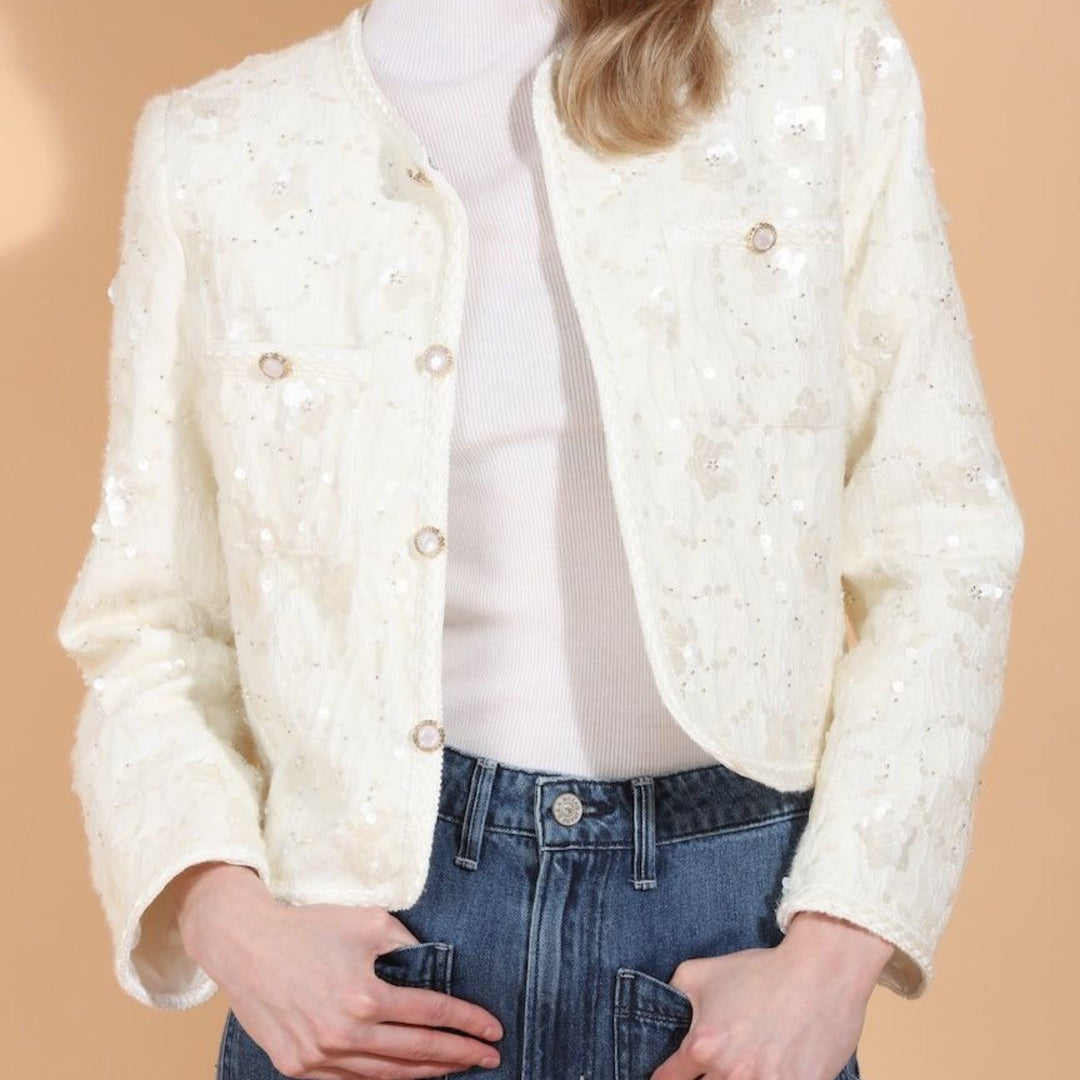 Sequin And Beaded Embellished JacketWith Jewel Buttons By Jessie Liu - Moxiebainbridge
