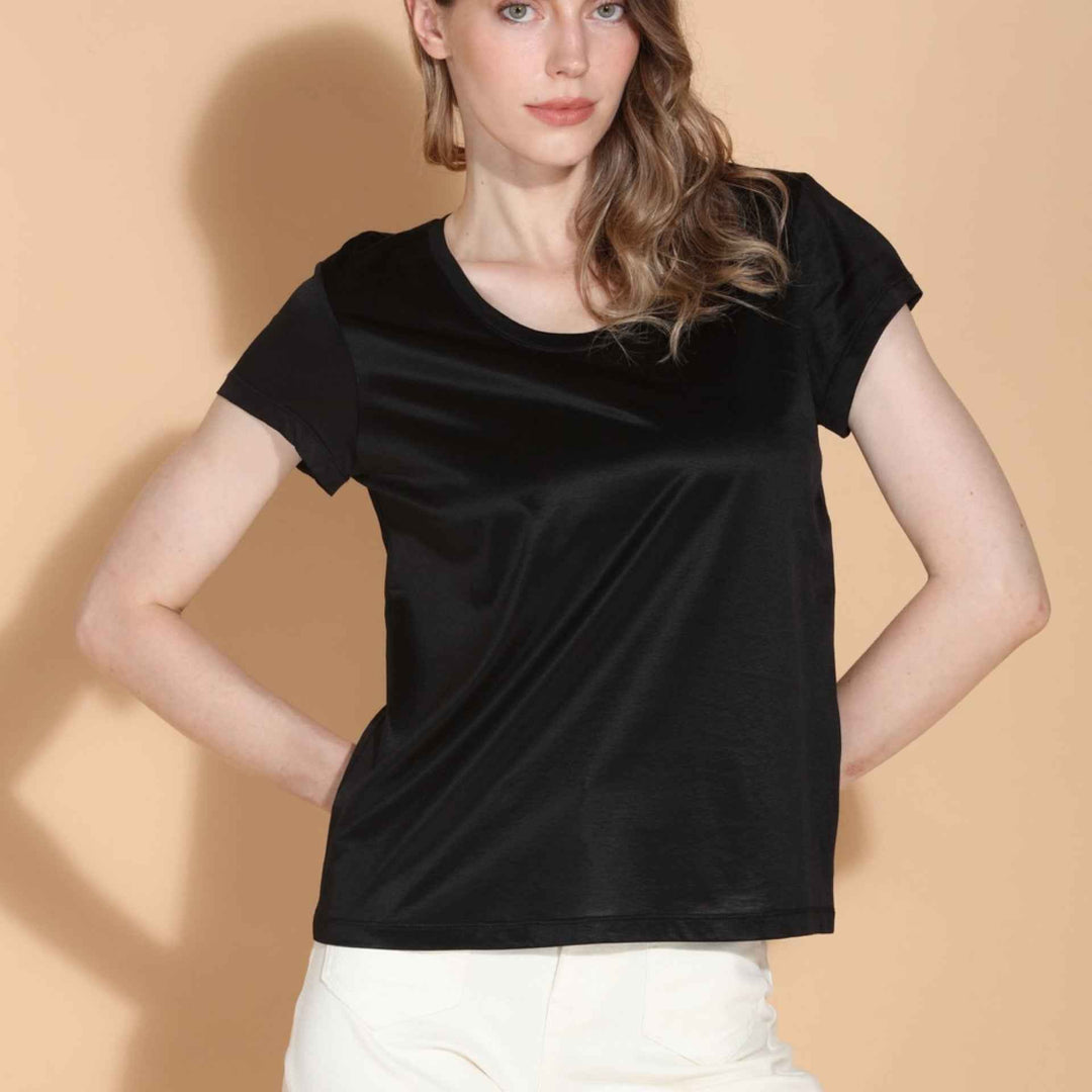 Modal Cotton Blend U Neck Black Tee By Jessie Liu - Moxiebainbridge