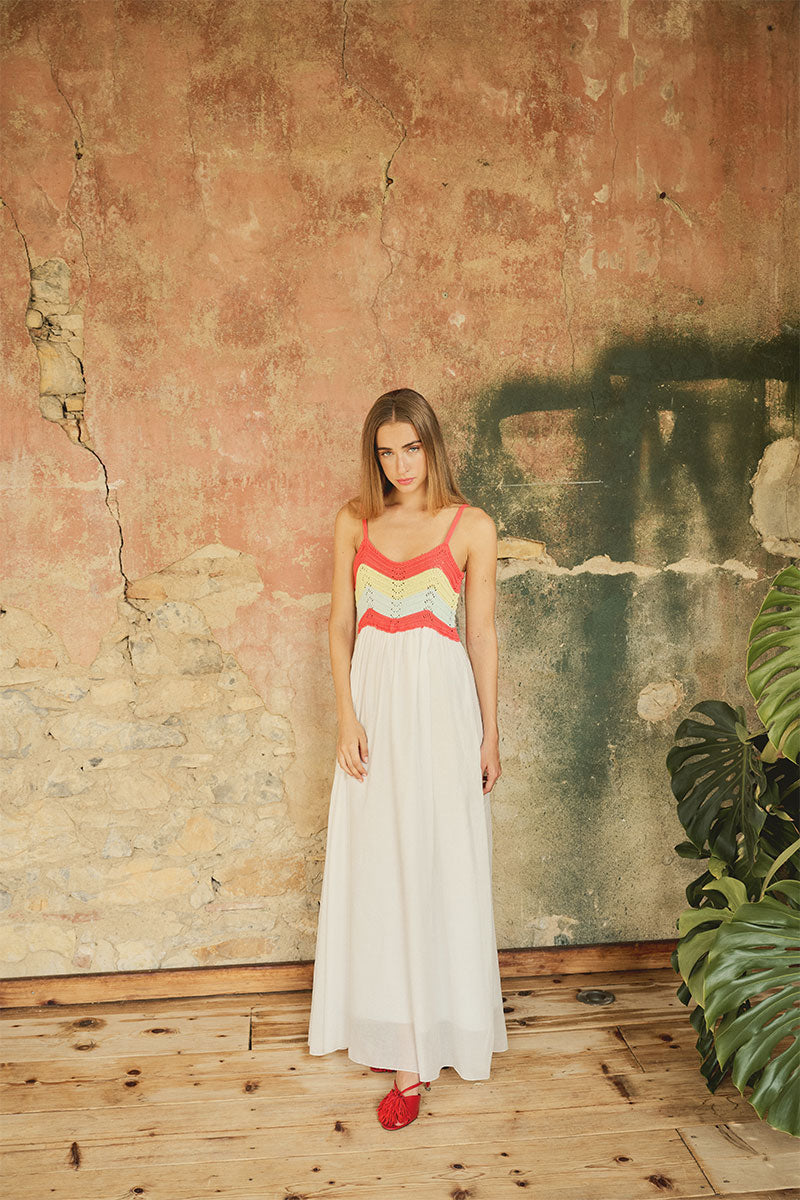 Celeste Dress Long White  Crochet Bodice  By BYU - Moxiebainbridge