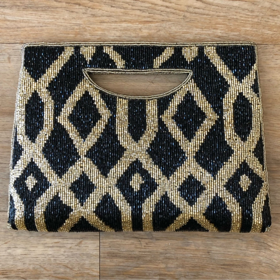 All Beaded Cut Handle Black/Gold Clutch By Ricki Design - Moxiebainbridge