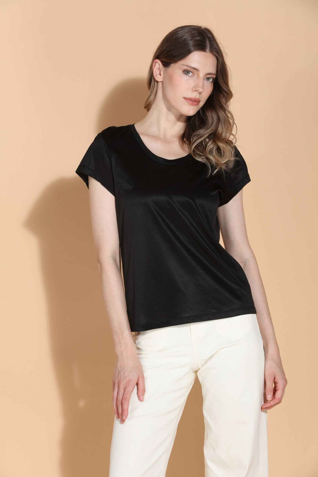 Modal Cotton Blend U Neck Black Tee By Jessie Liu - Moxiebainbridge