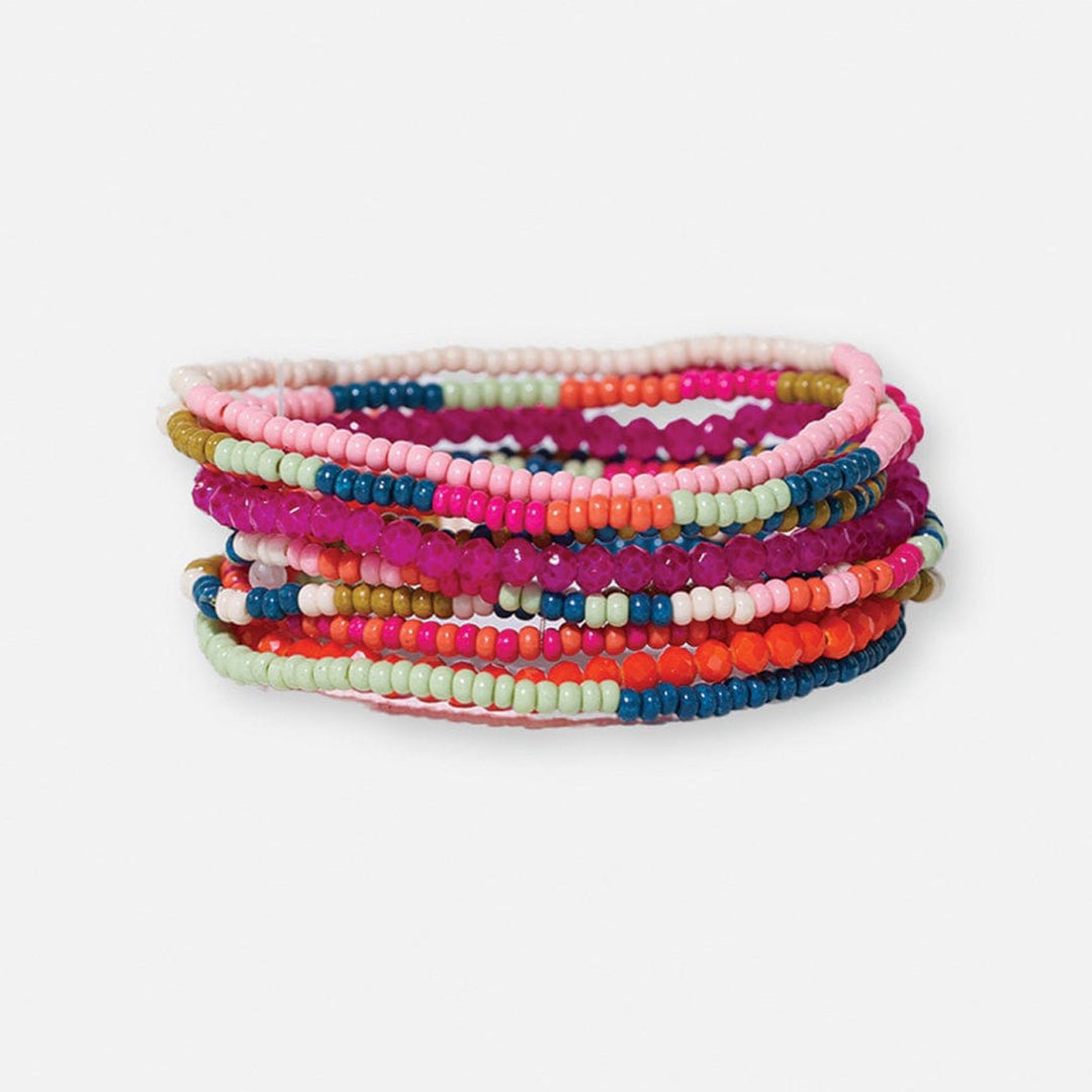 Sage Mixed Stripe Beaded 10 Strand Stretch Bracelets Rainbow - Moxiebainbridge