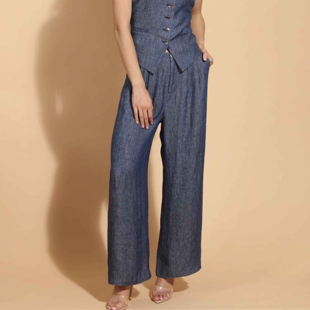 100% Linen Twill Pleated Pants By Jessie Liu - Moxiebainbridge