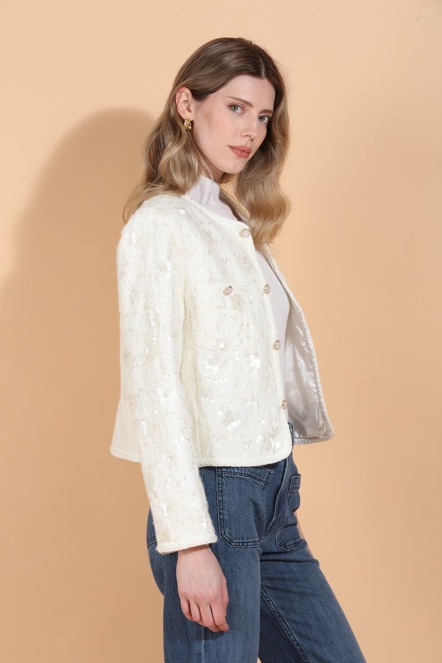 Sequin And Beaded Embellished JacketWith Jewel Buttons By Jessie Liu - Moxiebainbridge