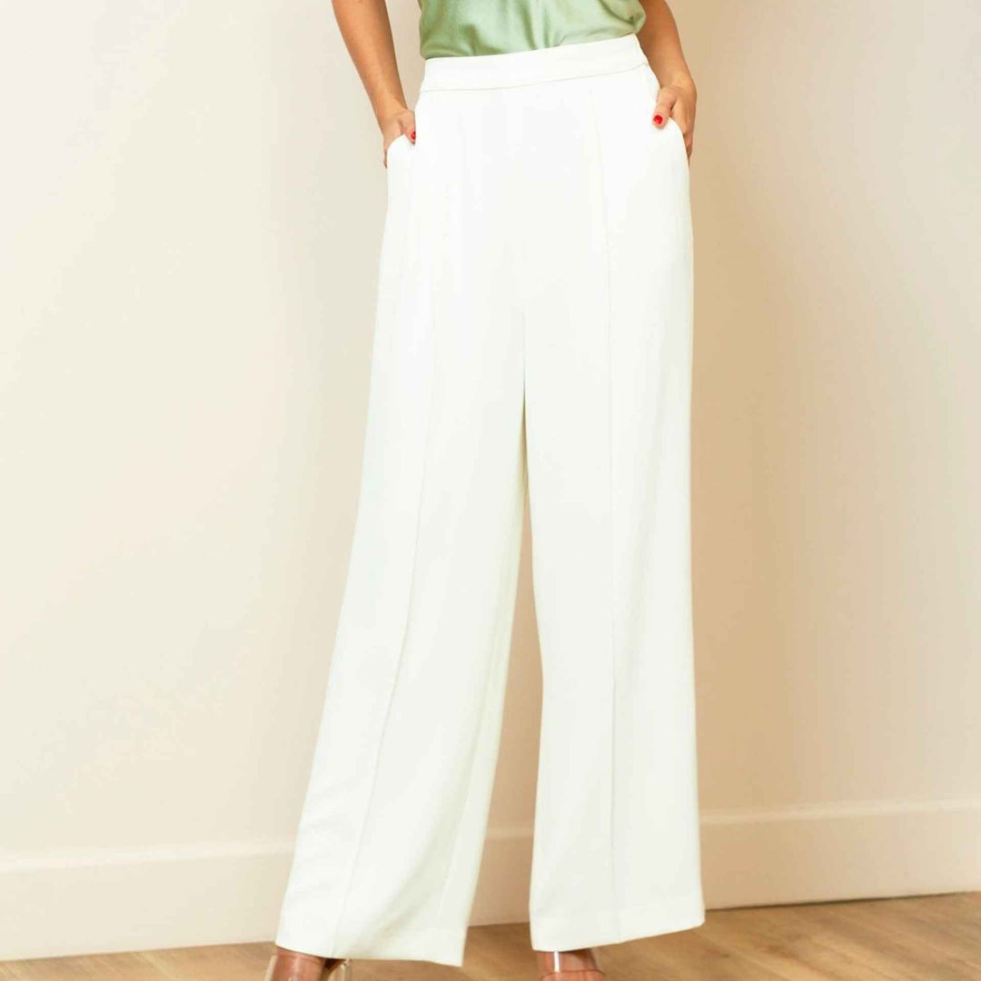 Pin-tuck Wide -Leg Beige Pants By Jessie Liu - Moxiebainbridge