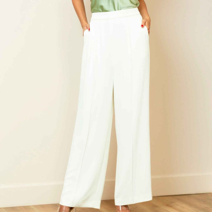 Pin-tuck Wide -Leg Beige Pants By Jessie Liu - Moxiebainbridge