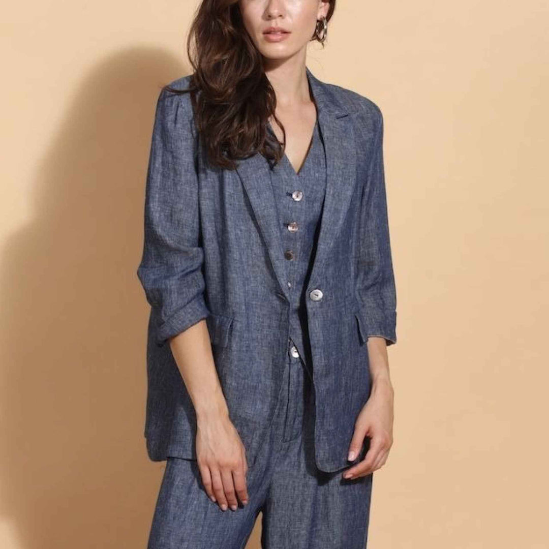100% Linen Twill Jacket With 3/4 Sleeves By Jessie Liu - Moxiebainbridge