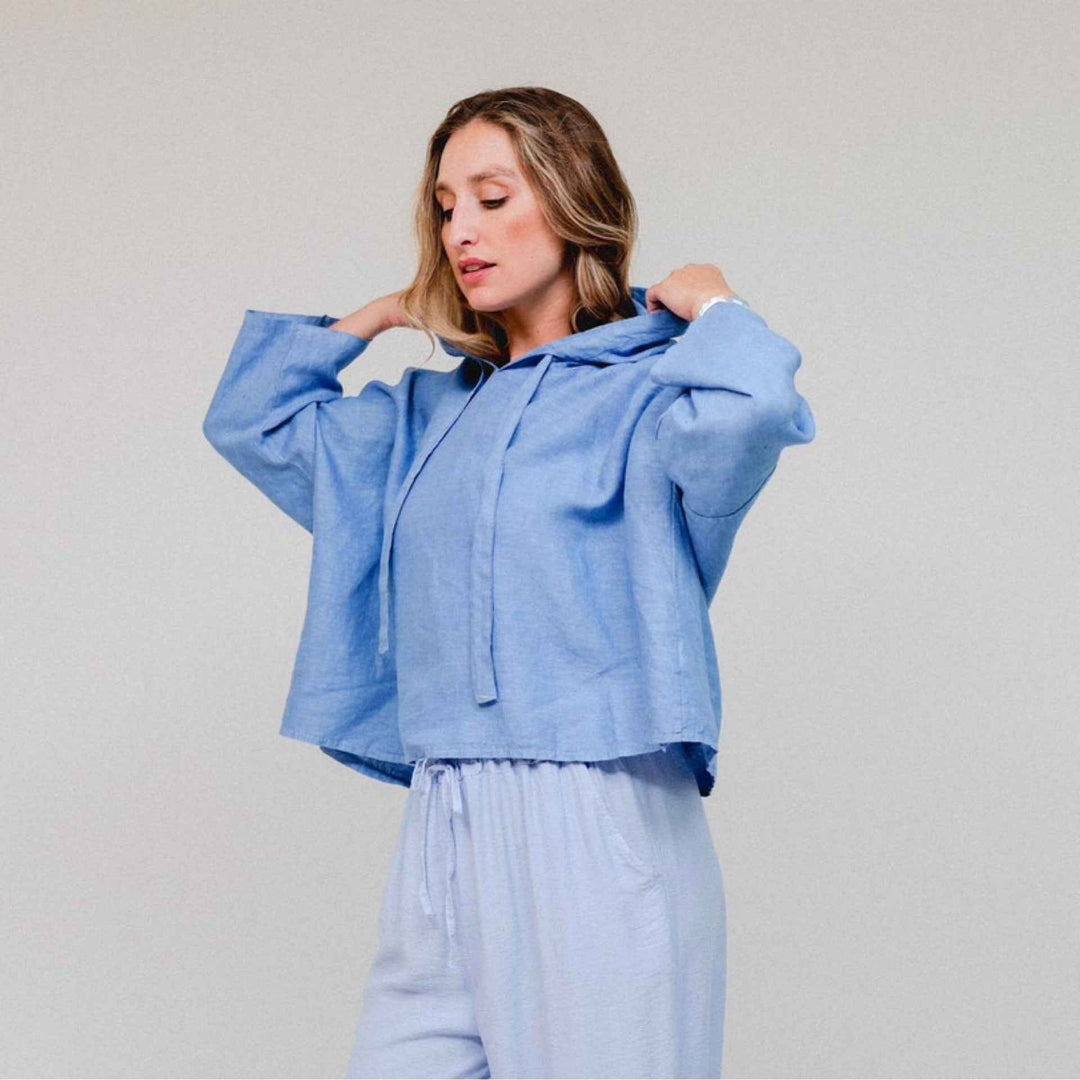 Linen 3/4 Sleeve Crop Hoodie One Size By Saga - Moxiebainbridge