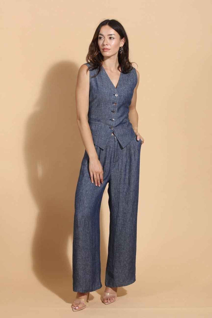 100% Linen Twill Pleated Pants By Jessie Liu - Moxiebainbridge