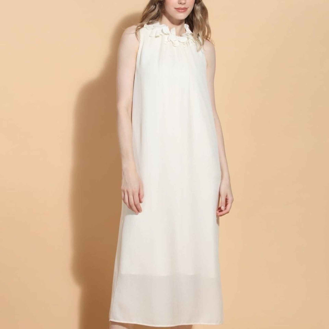 Sleeveless Dress With Petal Details Around The Neck Beige By Jessie Liu - Moxiebainbridge