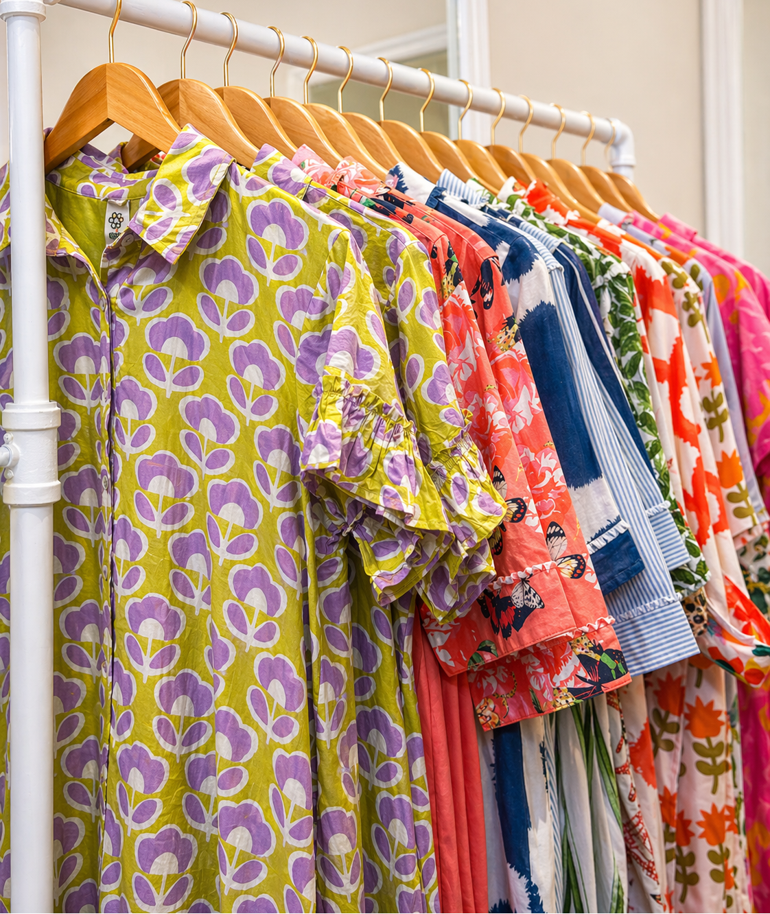 Colorful children's shirts on hangers against a neutral wall.